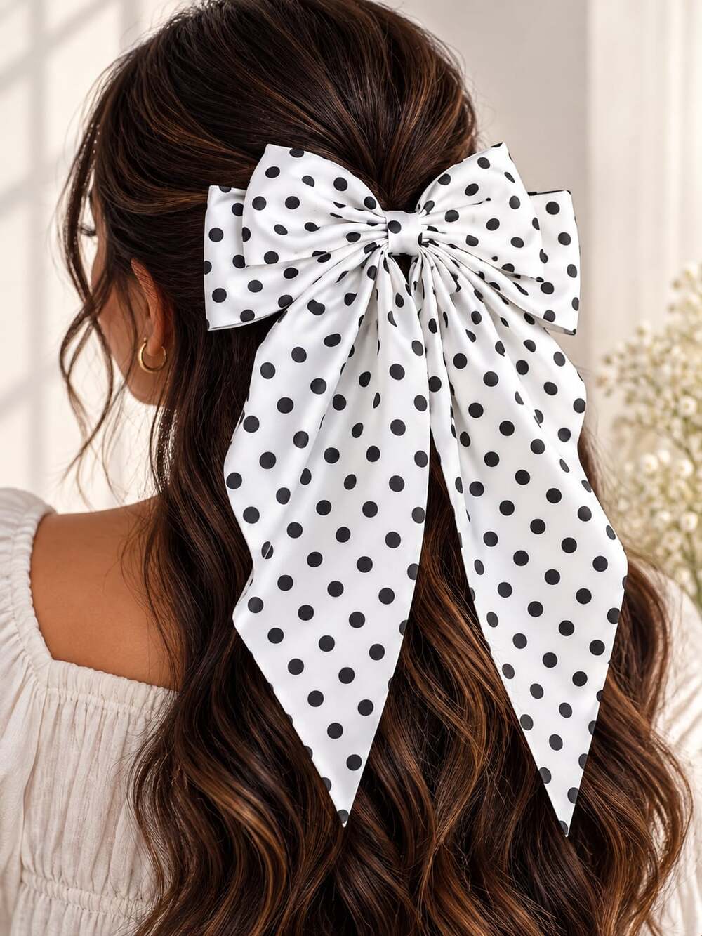 Black White Polka Dot Satin Hair Bow Long Tail Retro Feminine Hair Clip